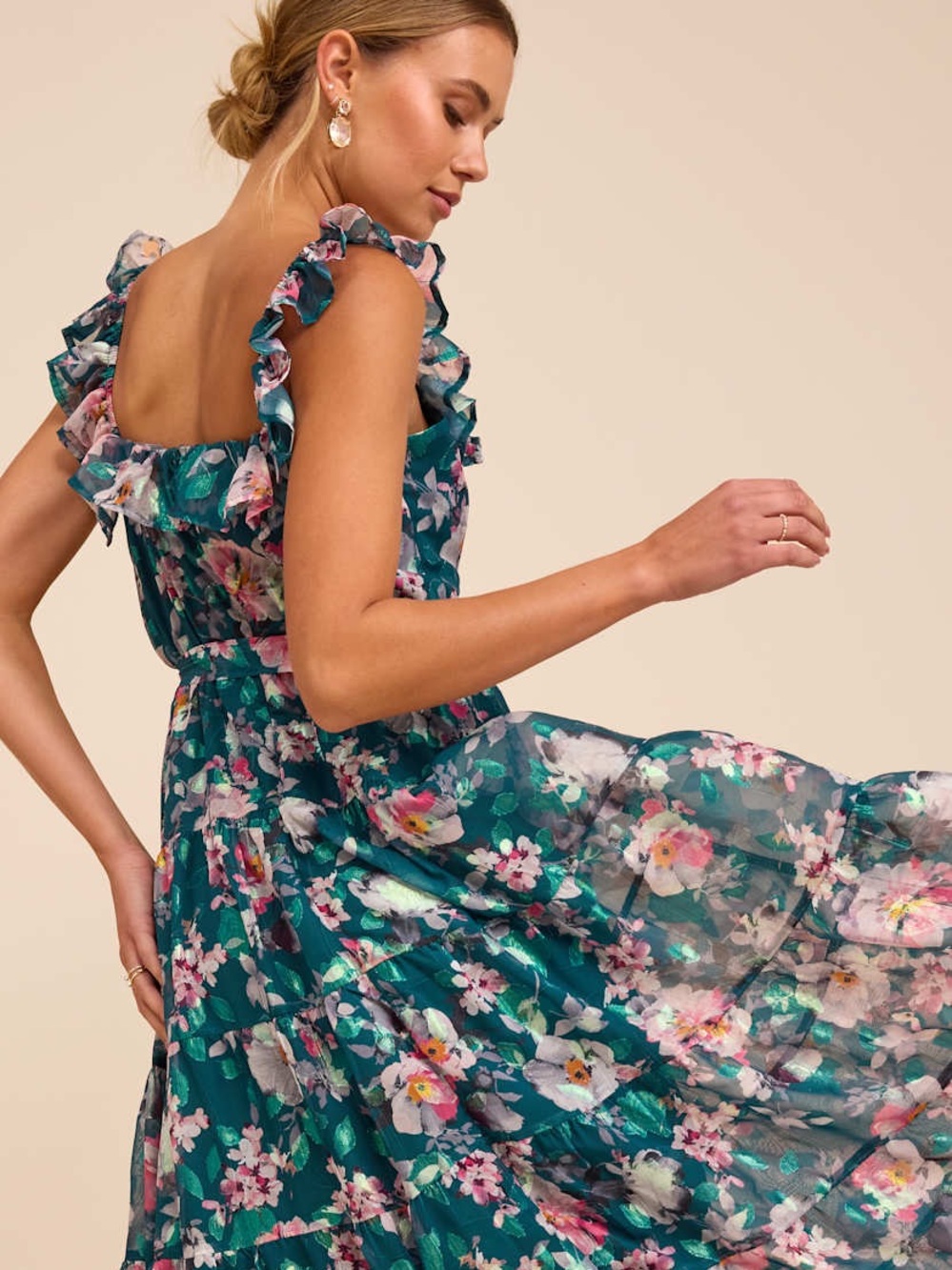 NWT Lulus Shela Teal Floral Jacquard Tiered Midi Dress Size XL - Picture 5 of 8